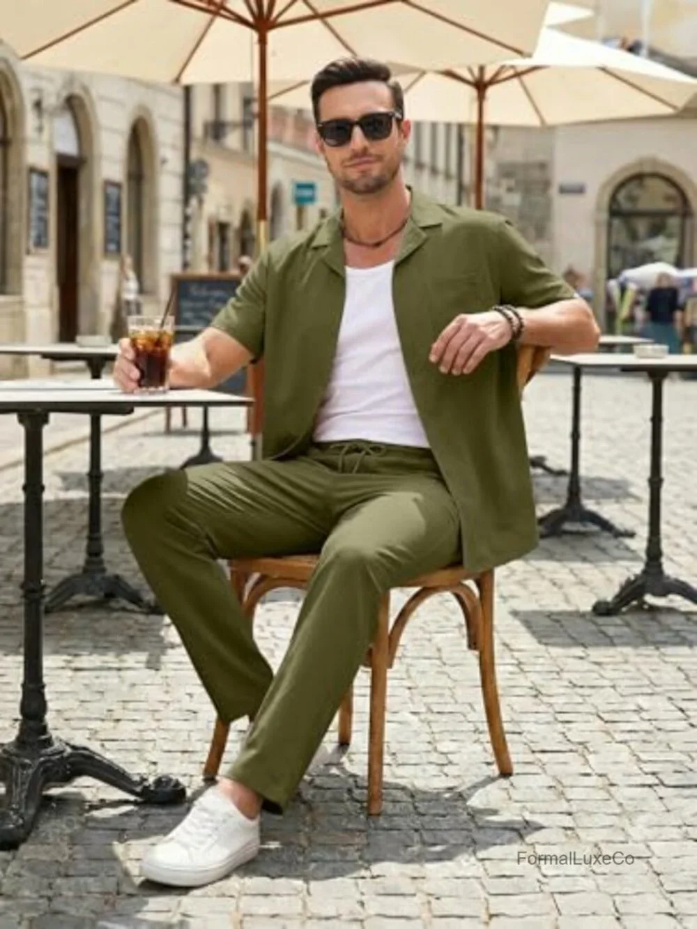 Men's 2 Piece Lounge Set Short Sleeve Shirt & Pants Vacation Outfit